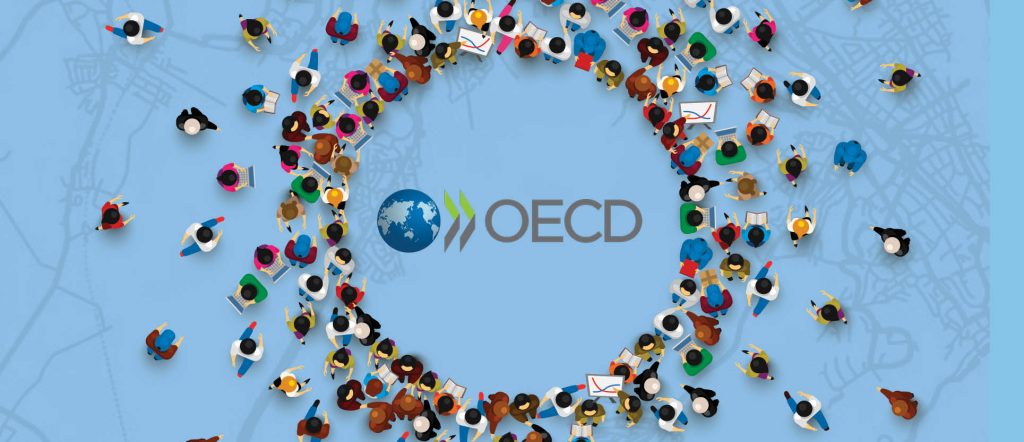 image of an infographic of people forming a circle with the OECD logo in the middle and a blue background