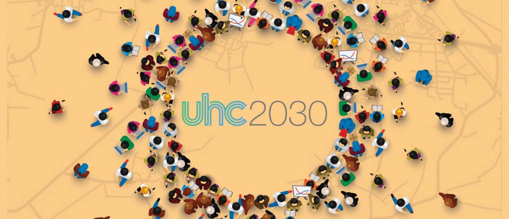 infographic of people making a circle with the UHC 2030 logo in the center