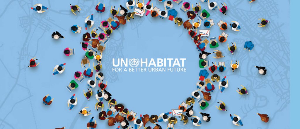 image of an infographic of people forming a circle with the UNHABITAT logo in the middle and a blue background